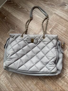Quilted Leather Tote Bag in Light Gray with Chain Handles